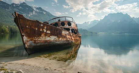 Rusty abandoned boat on a serene lake with mountain backdrop.