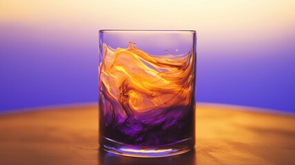 Cinematic slow motion of two colorful liquids mixing. A swirling vortex of violet and orange creates a magical, abstract background of elegant fluid art.

