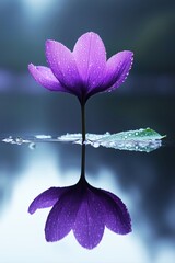 Purple lotus flower reflecting in a still pond with dewdrops, embodying a minimalist botanical and natural beauty concept.