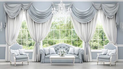 Elegant Interior Design of a Living Room with Blue Curtains and a Crystal Chandelier