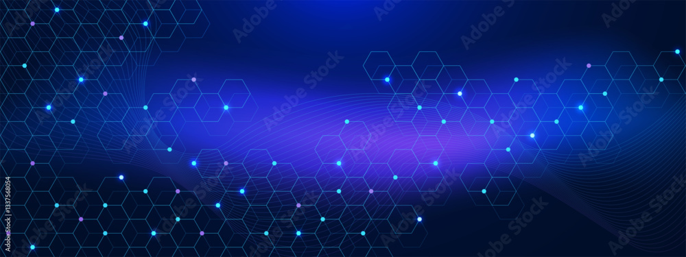 Poster abstract hexagons pattern and wave flow. molecular structure, dna molecules for medical, science and