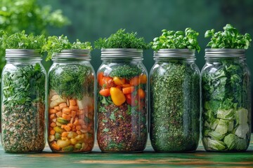 Creative layouts featuring zero-waste meal prep with mason jars full of veggies