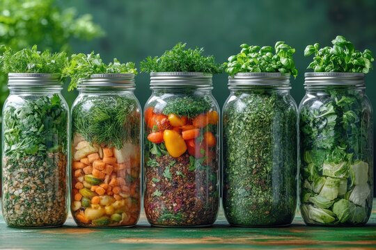 Creative layouts featuring zero-waste meal prep with mason jars full of veggies