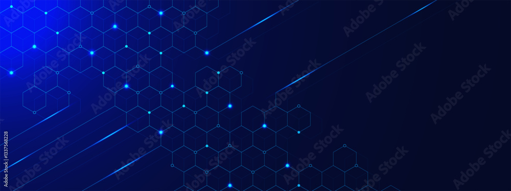 Poster science and technology background with futuristic hexagons pattern and glowing particles. suitable f