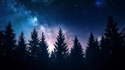 Majestic Milky Way Galaxy Over Silhouetted Pine Forest at Night