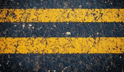 Close-up of yellow double lines on an asphalt road surface.