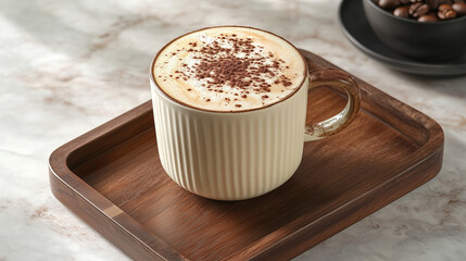 A frothy soy milk cappuccino with cocoa powder dusted on top, served on a wooden tray