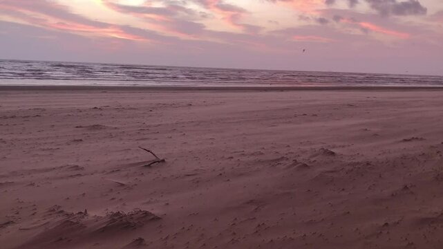 Windstorm at Sunset on South Padre Island: Pink Glow Over Sand and Sea, with the Sound of Whipping Winds