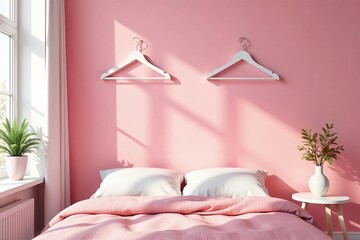 Minimalist white hangers hanging on pink wall, modern bedroom decor, interior, fashion
