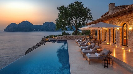 Obraz premium Luxury villa with infinity pool overlooking sunset sea.