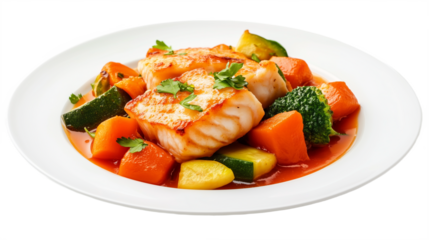 Fish fillet with orange sauce, a beautifully plated seafood dish with fresh vegetables, rich flavors, and gourmet presentation. transparant background object
