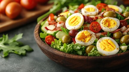 Fresh, vibrant salad with hard-boiled eggs, greens, and veggies.  A healthy and delicious meal