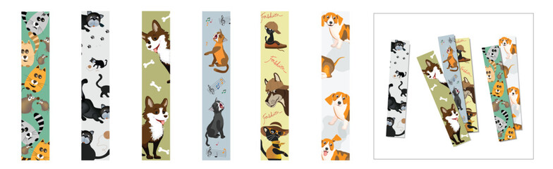Bookmarks set for books or notebooks with cute cartoon cats and dogs. Beautiful design of children's bookmarks for printing and cutting. Vector drawings isolated on white background.