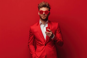 Stylish young man in a red suit with red sunglasses against a vibrant red background, exuding confidence and modern elegance