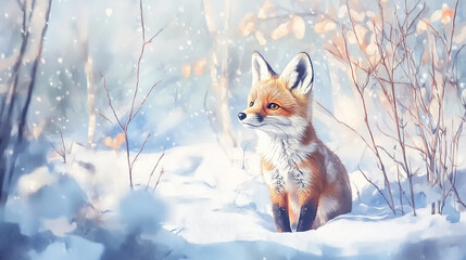 Little fox in the snow, illustration 