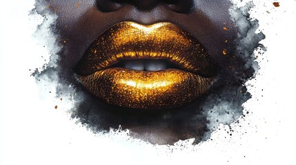 Elegant African lips with shimmering gold lipstick, glowing under cool white studio lighting, watercolor illustration with rich textures and intricate detailing