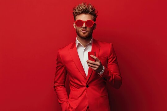 Stylish young man in a red suit with red sunglasses against a vibrant red background, exuding confidence and modern elegance