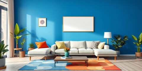 Modern living room interior; blue wall, sofa, coffee table, plants, colorful decor, poster mock-up, throw pillows, home decor