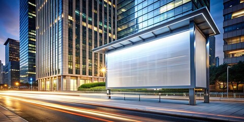 Fototapeta premium Blank White Billboard Modern Office Building Long Exposure Cityscape Advertising Space