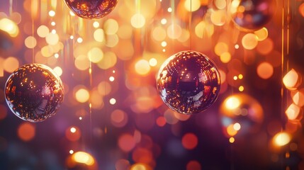 Party scene with multiple disco balls hanging at different heights, dynamic light play creating a festive and chaotic visual vibe