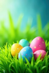 Colorful Easter eggs nestled in vibrant green grass , meadow, hunt