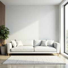 Fototapeta premium Modern white living room corner with comfortable sofa, minimalist decor, modern, living room