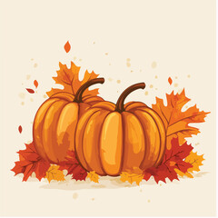 Naklejka premium Vibrant Autumn Scene with Orange Pumpkins and Leaves on Beige Background