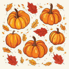 Vibrant Autumn Scene with Orange Pumpkins and Leaves on Beige Background