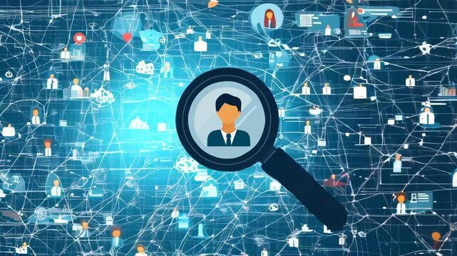Digital icons represent various stages of the recruitment process, including job search, interview, skills, education, and career development, highlighting human resources in action