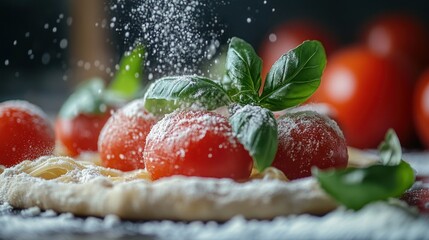Freshly prepared pizza base topped with cherry tomatoes, basil, and dusted with flour
