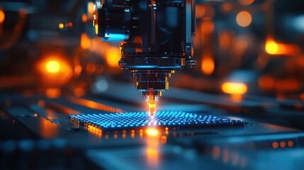 Advanced laser cutting technology in action at a modern manufacturing facility during evening hours