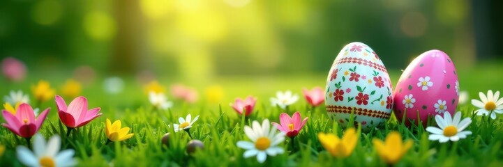 Fototapeta premium Spectacularly decorated Easter eggs amongst blooming flowers in lush green grass , flowers, blossom, hunt