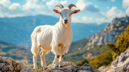 Obraz premium Majestic white goat standing on a rocky hillside with a breathtaking mountain view in the background
