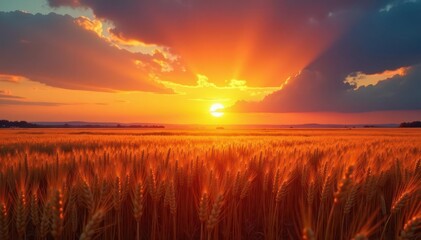 Fototapeta premium Blazing sunset paints the sky above a vast wheat field , countryside, golden