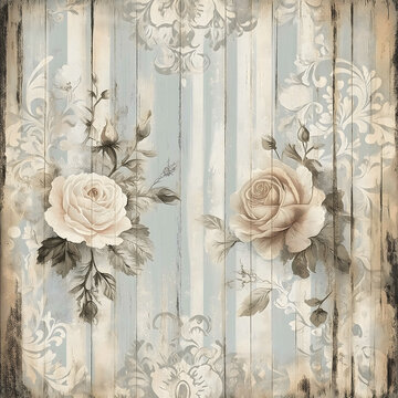 a shubby chic vintage pattern faded with staines and faint writings in french with shabby chic elements roses stripes damasks lace all faded and stained and wea