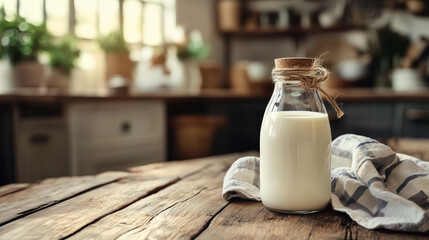 Freshly poured goat milk in a rustic glass bottle, placed on a wooden table with a background of a cozy countryside kitchen