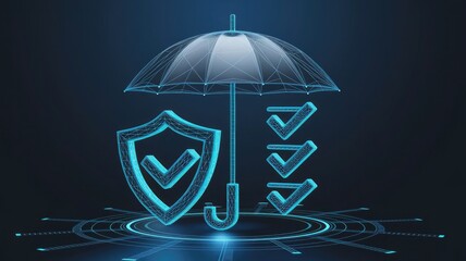Digital Insurance and Assurance Concept. 3D Check Mark Shield and Checklist are under Protective Umbrella. Polygonal Technology Futuristic Vector Illustration on a Dark Background. 
