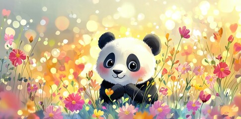 Fototapeta premium Cute cartoon panda surrounded by vibrant flowers in a colorful, joyful spring scene, radiating happiness and warmth for nature themed projects