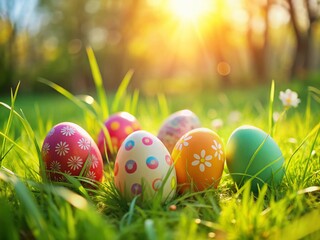 Brightly Patterned Easter Eggs in Lush Green Grass - Spring Garden Photo