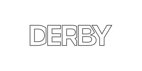 Derby city in the United Kingdom design features a geometric style illustration with bold typography in a modern font on white background.