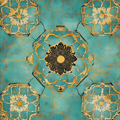 A Chinese inspired pattern using colours of turquoise and gold