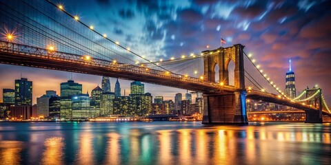 Obraz premium Brooklyn Bridge Night View, Bokeh Lights, NYC Skyline