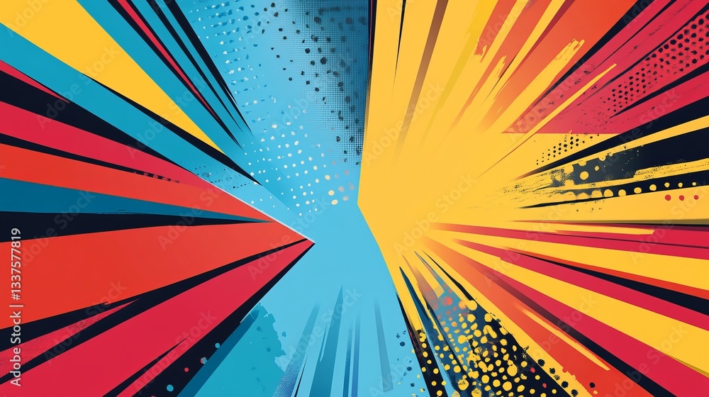 Wall mural vibrant blank colorful comic background with abstract dynamic shapes, halftone patterns, and radiati