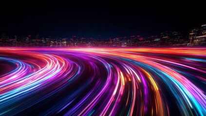 Night city speed trails. Vivid neon light streaks tracing a winding path through a futuristic cityscape