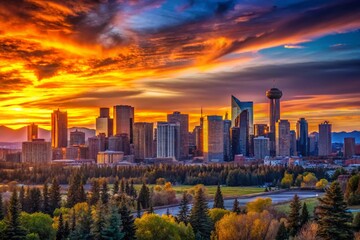 Fototapeta premium Calgary Skyline Silhouette at Sunset, Canadian Rockies Panorama