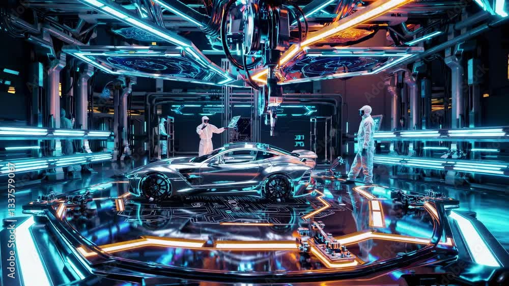 Poster futuristic laboratory with multiple technicians in protective suits surrounding a chrome-finished sp