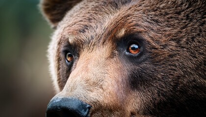Naklejka premium A close up view of a brown bear's eyes; macro view of the brown bear's eyes; the eyes of an apex predator; portrait of a bear; wildlife; animal's natural habitat; the facial expression of a brown bear