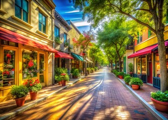 Obraz premium Charming Small Town Street: Sunny Day, Colorful Shops & Quirky Happenings