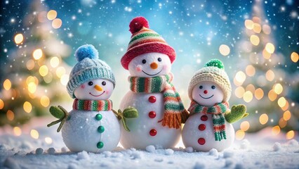 Charming Snowman Family Winter Wonderland Scene - High-Resolution Stock Photo