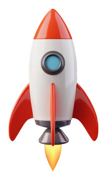 Retro rocket ship with red fins and blue window on transparent background. Futuristic design concept